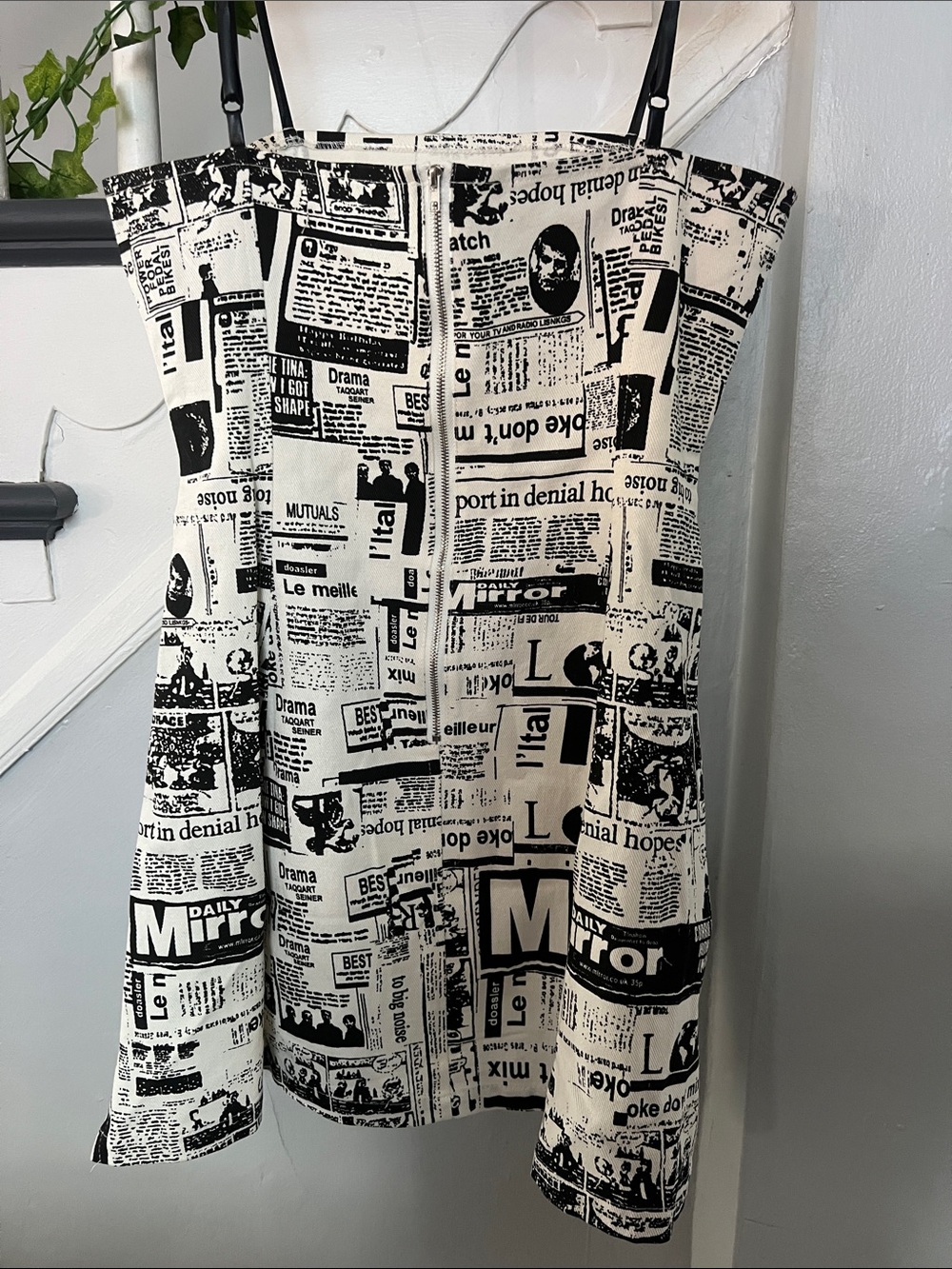 Cider Black & White Newspaper-Print Spaghetti Strap Mini Dress - Picture 2 of 3